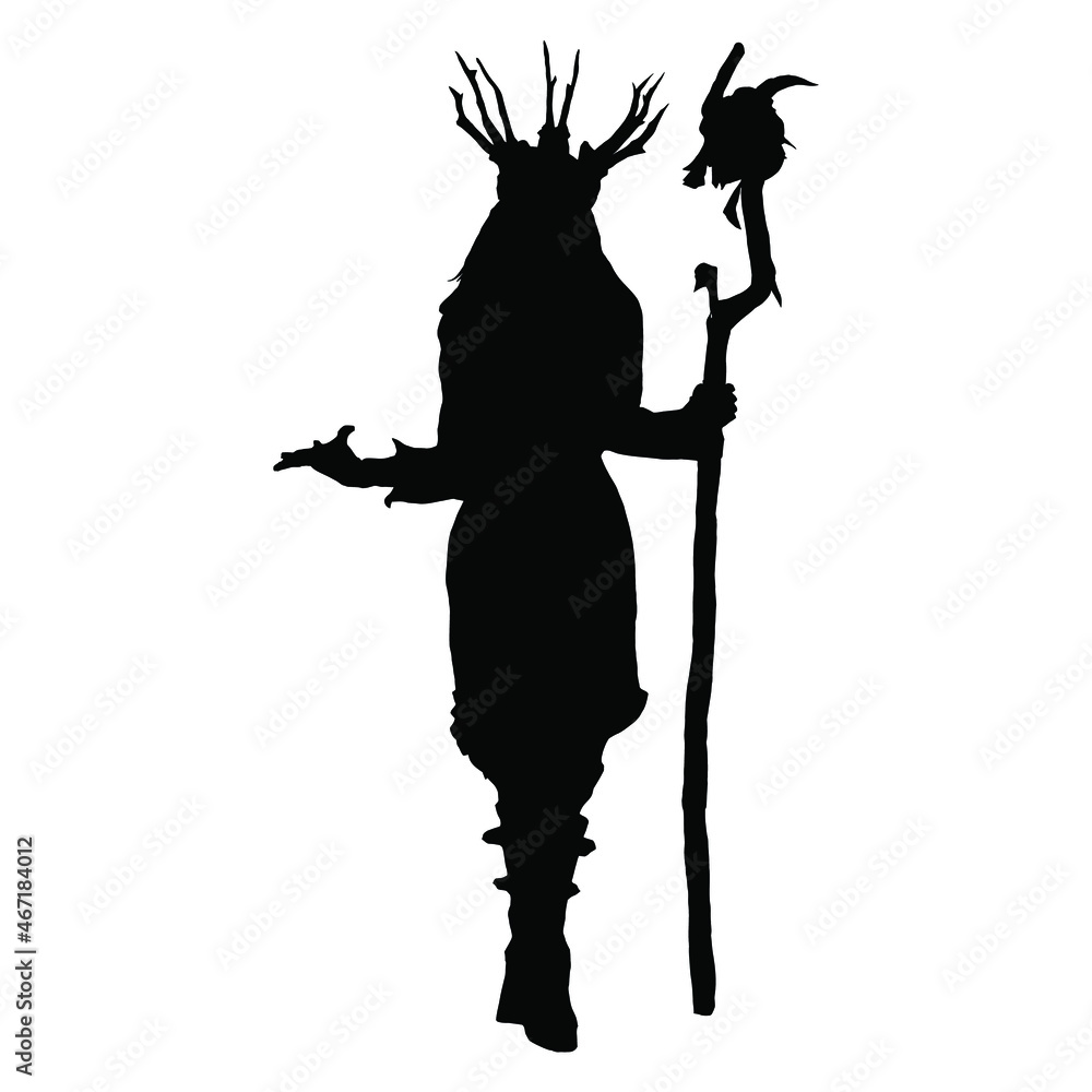 vector drawing of a black silhouette on a white background of a beautiful girl with long hair.in her hand she has a staff
with a skull on the end. She's wearing a crown and a long dress. 2d art