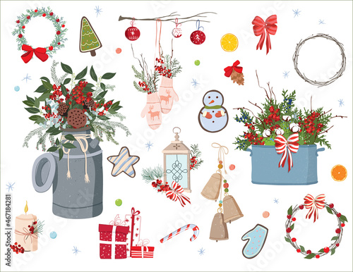 Christmas collection of decorative winter elements. Perfect for scrapbooking, greeting card, invitation, poster, tag, stickers.