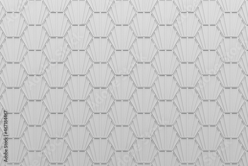 White hexagonal abstract background. Modern cellular honeycomb 3d panel with hexagons, 3d wall texture, Geometric background for interior wallpaper design, 3d rendering