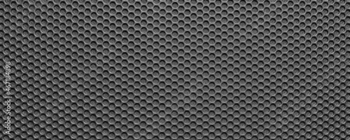 Perforated metal (chrome, steel, iron, silver) texture, metallic backdrop, acoustic speaker grill surface with little round holes, banner, Copy space for interior design background, wallpaper