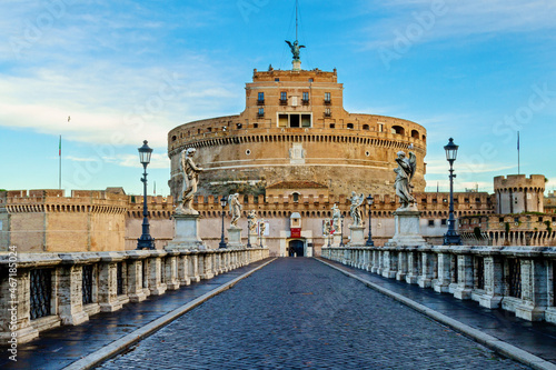 Castle Sant'Angelo fortress and bridge view in Rome, Italy. Early morning with no people. 