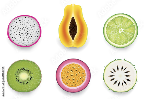 Group of many fresh tropical slice fruit  - passion fruit, papaya, lime, soursop, dragon fruit, kiwi