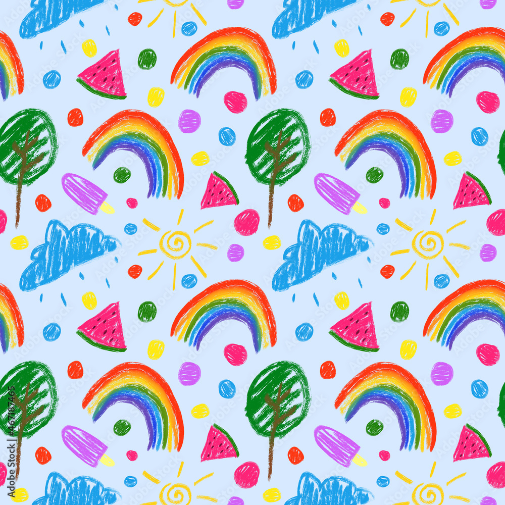 Bright colorful childish seamless pattern on light blue background. Crayons drawing repeat print. Cute summer background for textile, fabric, nursery, wrapping paper and decoration.