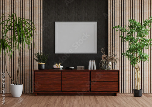 3D mockup photo frame with houseplant in living room rendering