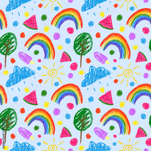 Bright colorful childish seamless pattern on light blue background. Crayons drawing repeat print. Cute summer background for textile  fabric  nursery  wrapping paper and decoration.