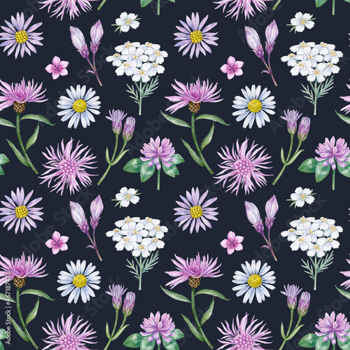Watercolor flowers seamless pattern. Wild meadow flowers rapport can be used as print, postcard, invitation, packaging design, textile, fabric, wrapping paper.
