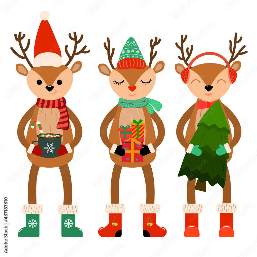 Christmas and New Year group of cute reindeer with Christmas tree, gifts, hot drink with candy cane. Vector illustration. Isolated on white background.