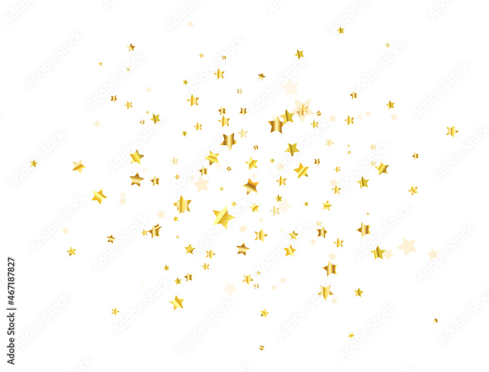 Golden stars confetti on white background. Christmas Luxury texture. Glitter elegant design elements. Gold shooting stars flying. Magic foil decoration. Vector illustration