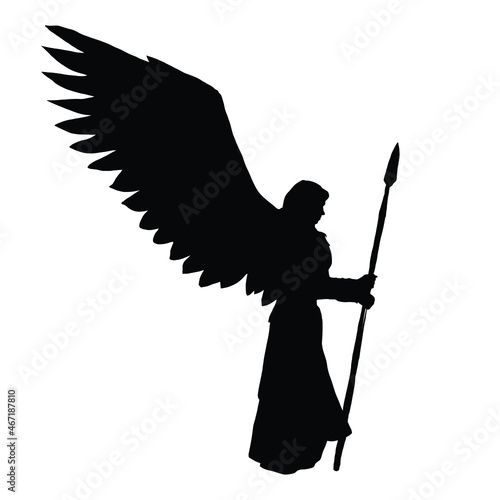 vector drawing of a black silhouette on a white background of a beautiful girl with long hair. she has big angel wings on her back and a weapon in her hand. she 's a valkyrie .2d art