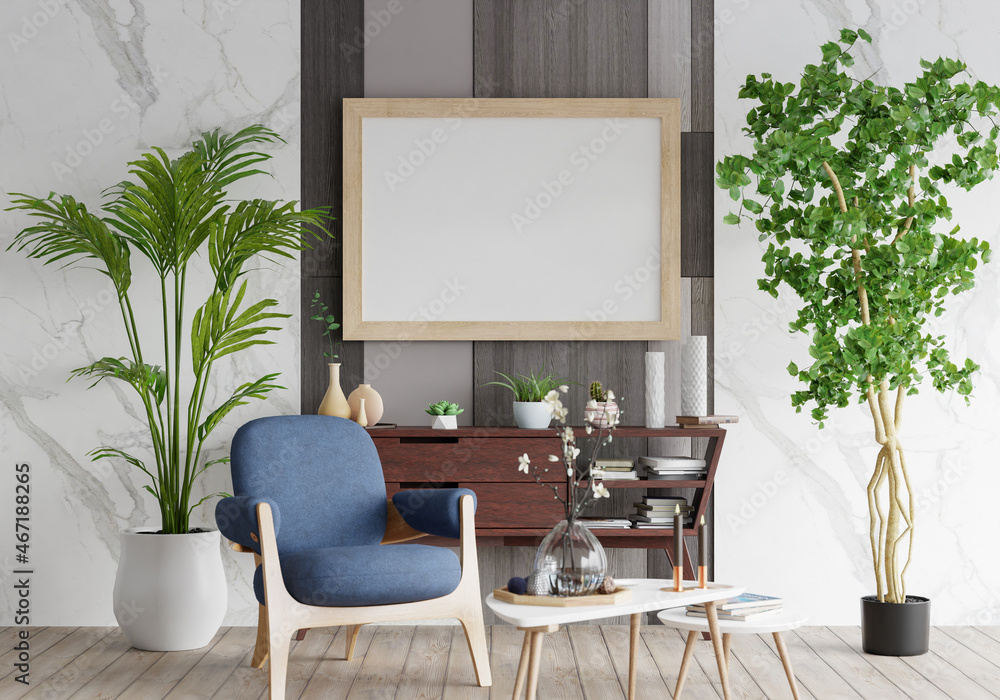 3D mockup photo frame with houseplant in living room rendering 3D mockup photo frame with houseplant in living room rendering