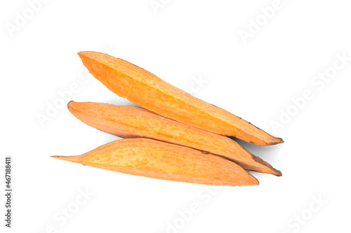 Cut fresh sweet potato on white background, top view