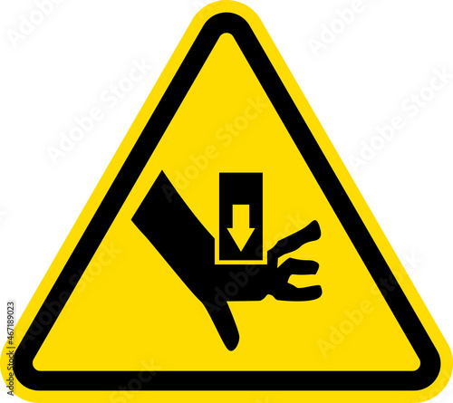 Moving parts can crush or cut warning sign. Black on yellow background. Safety signs and symbols.
