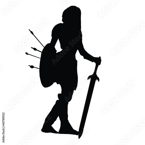 vector drawing of a black silhouette on a white background of a beautiful girl with long hair. she has a sharp sword and a shield with arrows in her hand. she is wearing iron armor and boots. 2d art