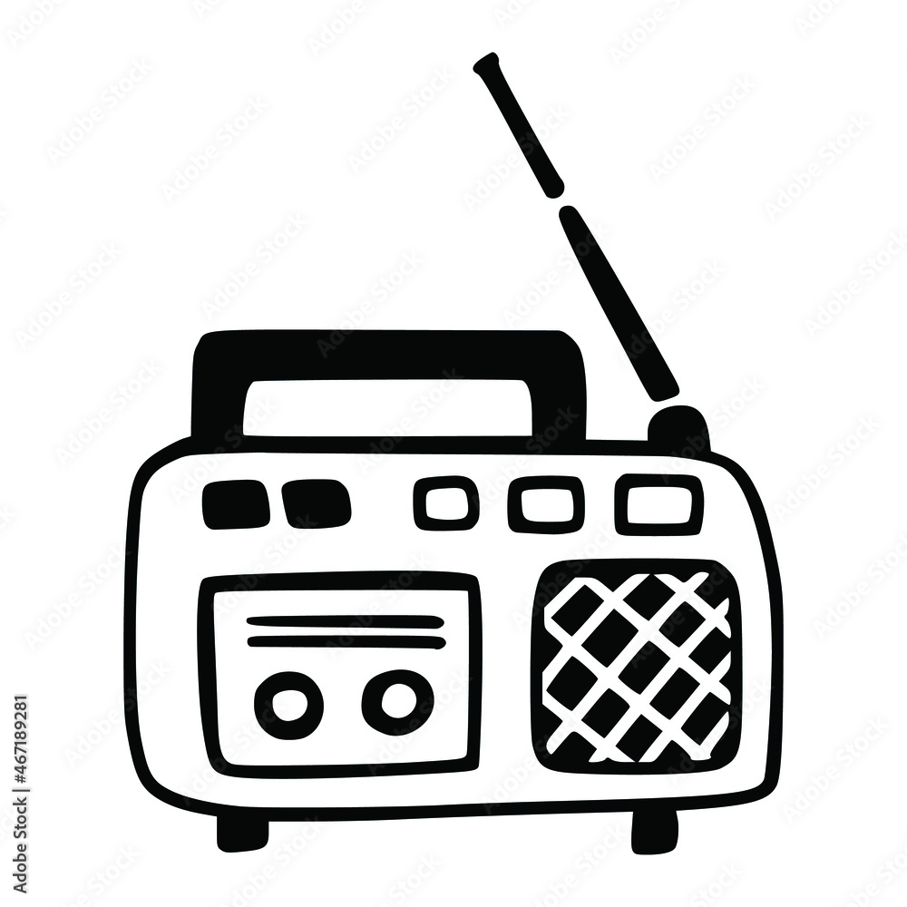 Fototapeta premium Record player, doodle sketch. Radio in naive illustration style. Hand drawn vector picture.