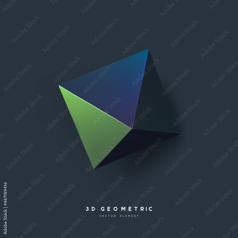 Naklejka premium 3d render realistic primitive. Glossy holographic geometric shape isolated on dark background. Iridescent trendy design, thin film effect. Vector.