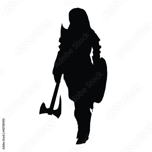 vector drawing of a black silhouette on a white background of a beautiful girl with long hair. she has a sharp axe and a shield in her hand . she's wearing iron armor and boots. 2d art
