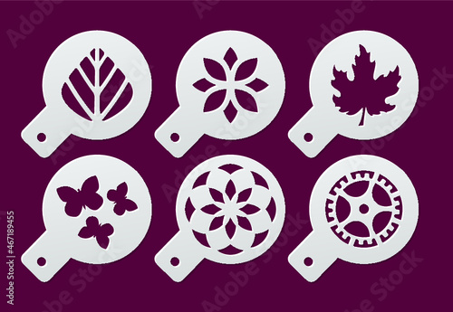 Set of coffee stencils on a theme floral. Leaf, flower, butterfly, gear. Template suitable for laser cutting. Vector illustration.