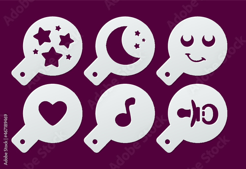 Set of coffee stencils on a theme children. Stars, moon, smile, heart, note, soother. Template suitable for laser cutting. Vector illustration.