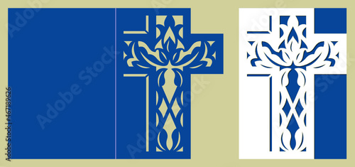 Christening invitation. Easter cross with pattern. Baptism invitation. Cutout paper. Laser cut template for Easter greeting card, invitation. Suitable for laser or plotter cutting,  printing. 