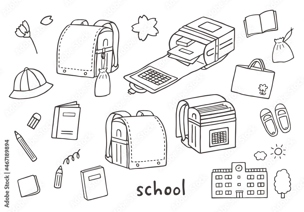 開いたランドセルと 学校にまつわる手描きイラスト モノクロ Stock ベクター Adobe Stock