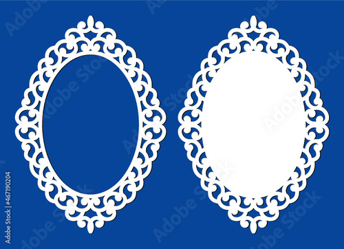 Laser cut vector frame. Abstract oval frame with swirls, vector ornament, vintage frame. Pattern may be used for laser cut. Photo frame with lace corners for paper or wood cutting. © Sviatlana