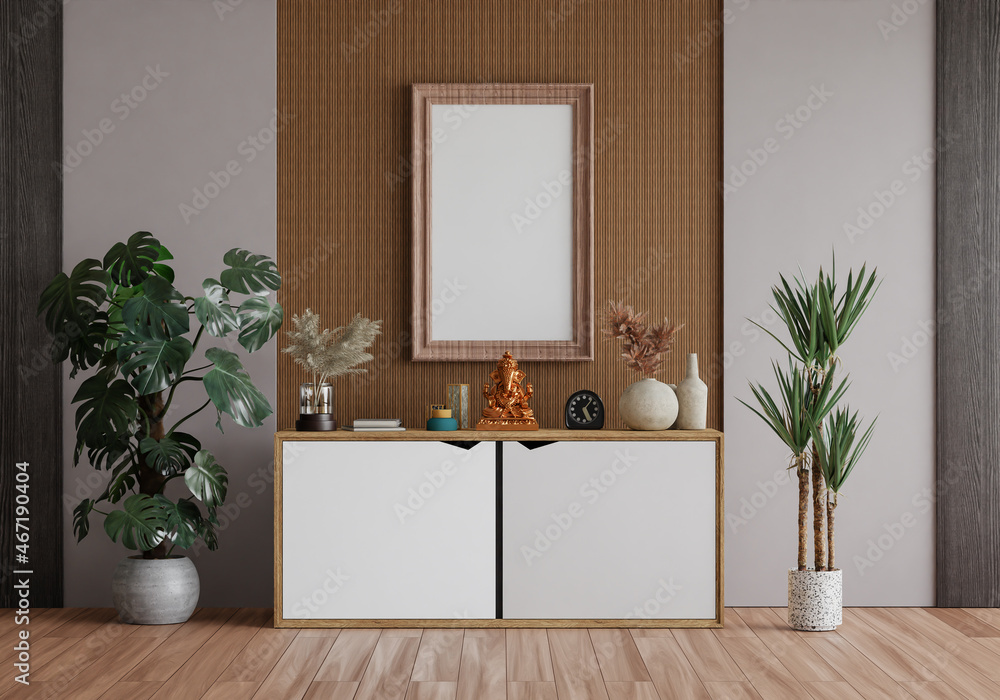 3D mockup photo frame with houseplant in living room rendering 3D mockup photo frame with houseplant in living room rendering