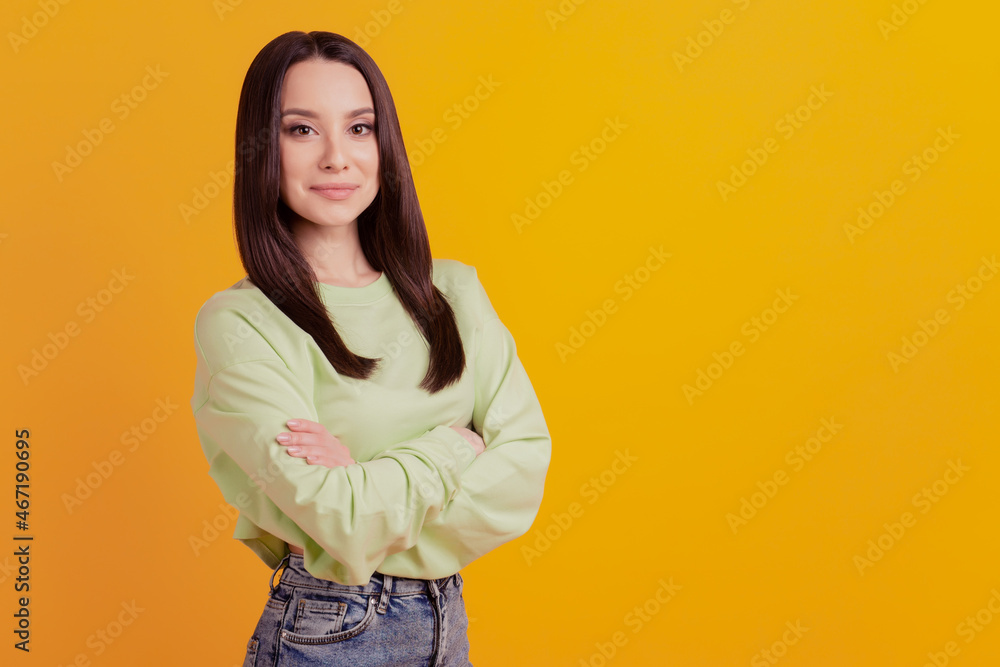 Profile sise photo of young attractive woman happy positive smile folded hands isolated yellow color background Profile sise photo of young attractive woman happy positive smile folded hands isolated yellow color background