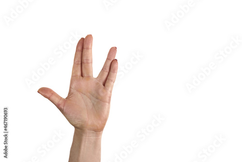 Fotografie, Obraz A man hand doing the Vulcan salute on a white background