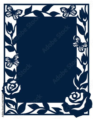 Ornamental cutout border card with blossom roses and butterflies. Template for wedding invitation and greeting card. Laser cut paper lace frame. Vector mockup for laser cutting of decorative elements.