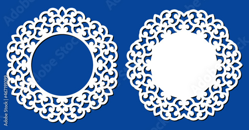 Lace photo frame corners for paper or wood cutting. Laser cut vector frame. Abstract round frame with swirls, vector ornament, vintage border frame. Pattern used for laser cut, metal or wood carving. photo