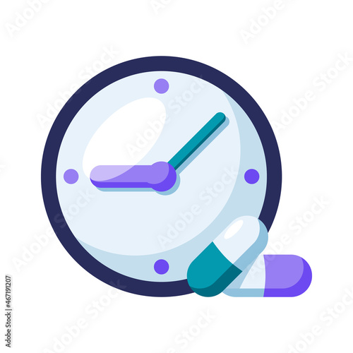Time to take medication dose, medication course, alarm clock with pills on white background