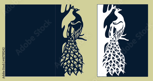 Wedding invitation or greeting card with peacock on the tree. Wedding invitation mock up for laser or plotter cutting. Die cut template save the date card with ornamental bird. Vector illustration