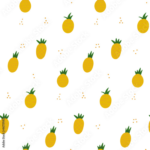 Fototapeta Naklejka Na Ścianę i Meble -  Seamless pattern with hand drawn yellow pineapple and abstract dots. Summer tropical print. Vector flat hand drawn illustration.