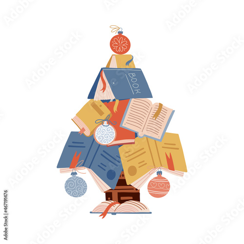 Christmas tree made of colorful books Decorated with xmas glass balls Isolated white background. Cute bright pile of books. Home library. Happy education. Cartoon flat vector illustration.