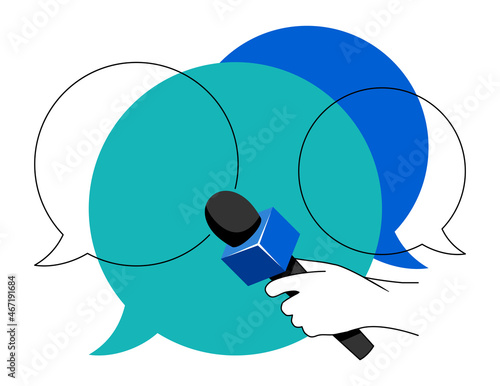 Hand holding microphone and speech bubble frame