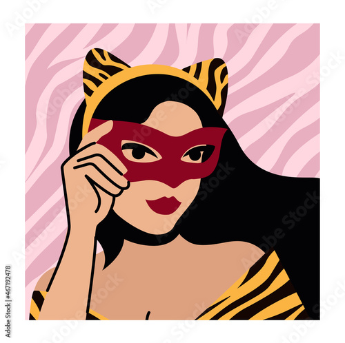 Woman in mask and cat costume, with tiger ears. Fashion magazine cover designs. Close up portrait. Tiger stripes pattern. Vector hand drawn illustration