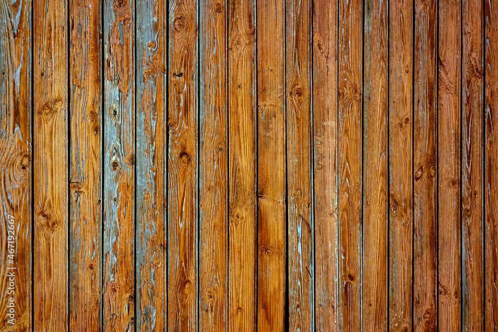 Fototapeta premium A wooden wall with an aged surface. Vintage wall and floor made of darkened wood, realistic plank texture. Empty room interior background.