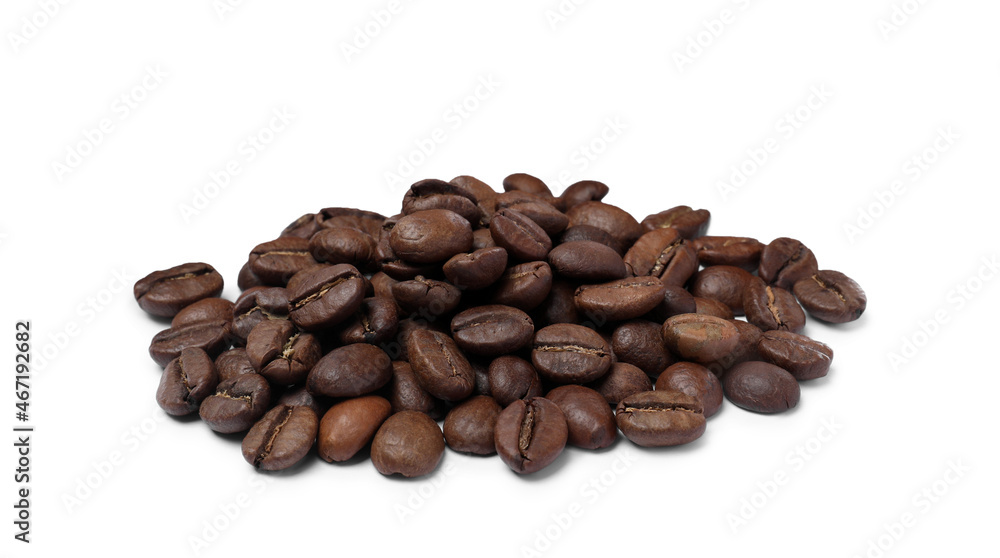 Pile of roasted coffee beans on white background Pile of roasted coffee beans on white background