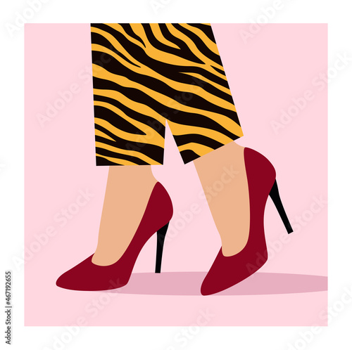 Slender elegant female legs in high-heeled red shoes and tiger stripes pants. Design concept for fashion magazine, cover template. Style, clothing and accessories. Vector illustration