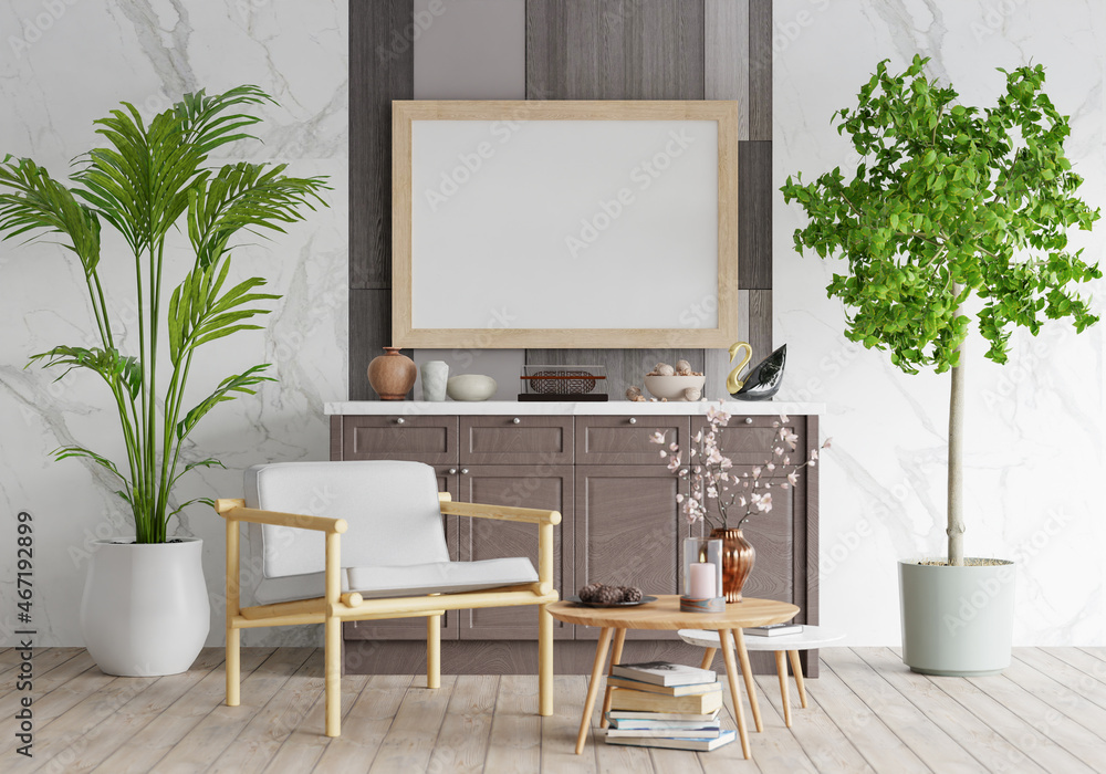 3D mockup photo frame with houseplant in living room rendering 3D mockup photo frame with houseplant in living room rendering