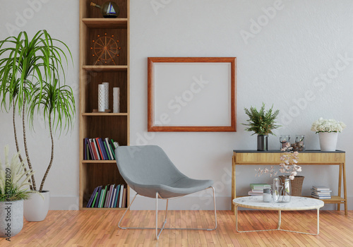 3D mockup photo frame with houseplant in living room rendering