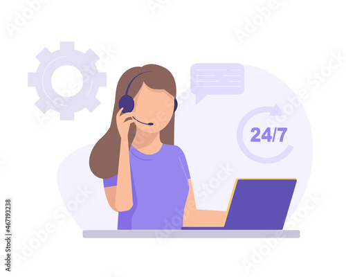 Woman with headphones and microphone with laptop. Concept illustration for support, assistance, call center. Vector illustration in flat style