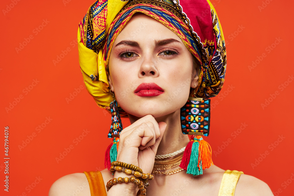 cheerful woman multicolored shawl ethnicity african style decorations Studio Model
