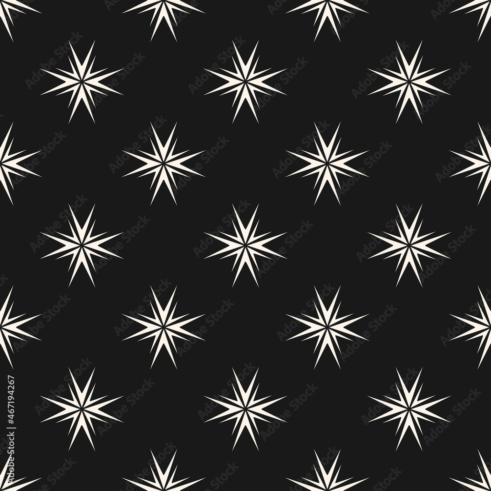 Abstract vector geometric floral ornament. Simple seamless pattern with small flower silhouettes, stars. Modern minimal texture. Black, white background. Design used for wallpaper, cover, textile