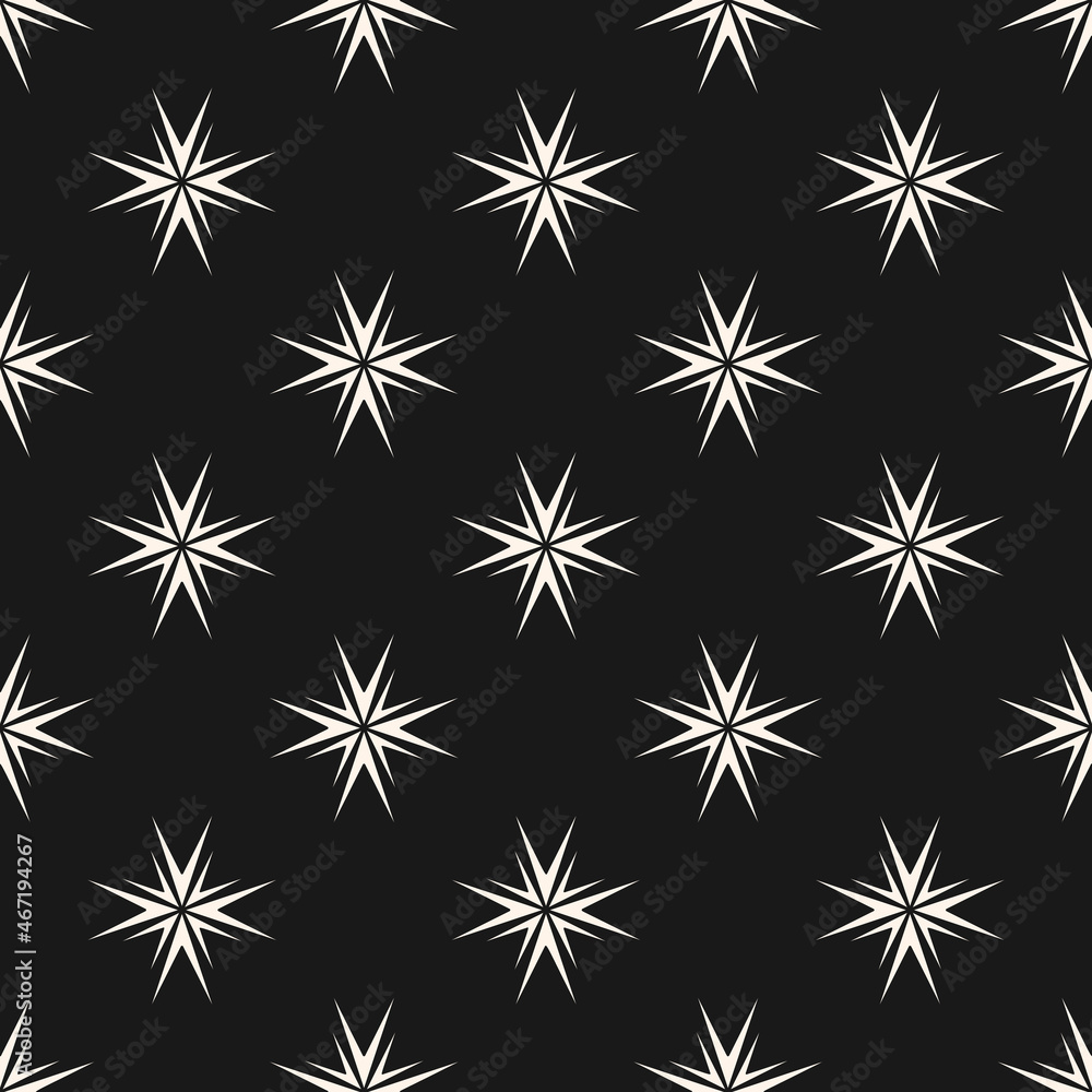 Abstract vector geometric floral ornament. Simple seamless pattern with small flower silhouettes, stars. Modern minimal texture. Black, white background. Design used for wallpaper, cover, textile Abstract vector geometric floral ornament. Simple seamless pattern with small flower silhouettes, stars. Modern minimal texture. Black, white background. Design used for wallpaper, cover, textile