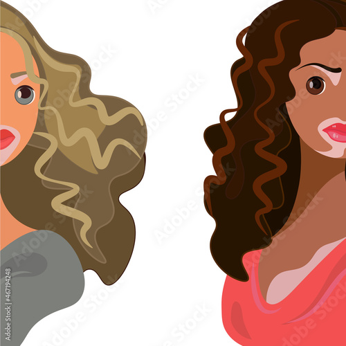Vitiligo in two young women of different races, different skin colors with skin problems. World Vitiligo Day concept. Vector isolated with place for text. For blog, articles, banner, magazine, ad.