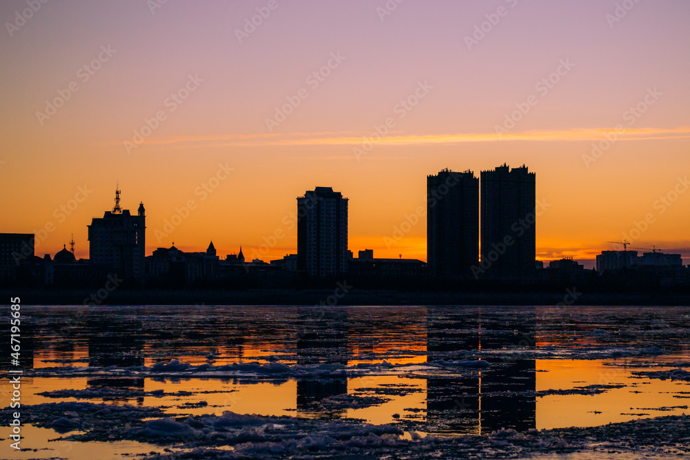 city skyline at sunset