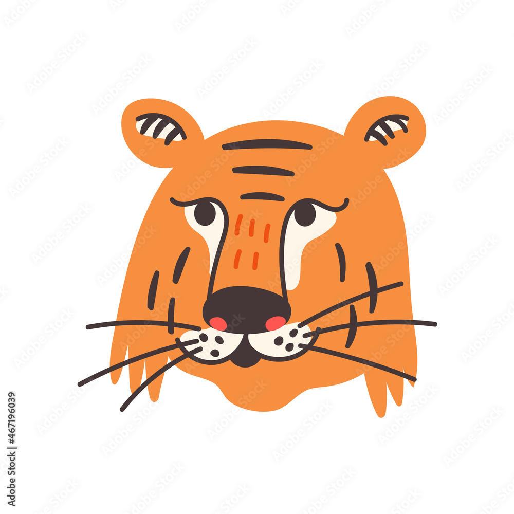 The head of an orange and black cute tiger. Wild Cat predator vector modern flat style illustration The head of an orange and black cute tiger. Wild Cat predator vector modern flat style illustration