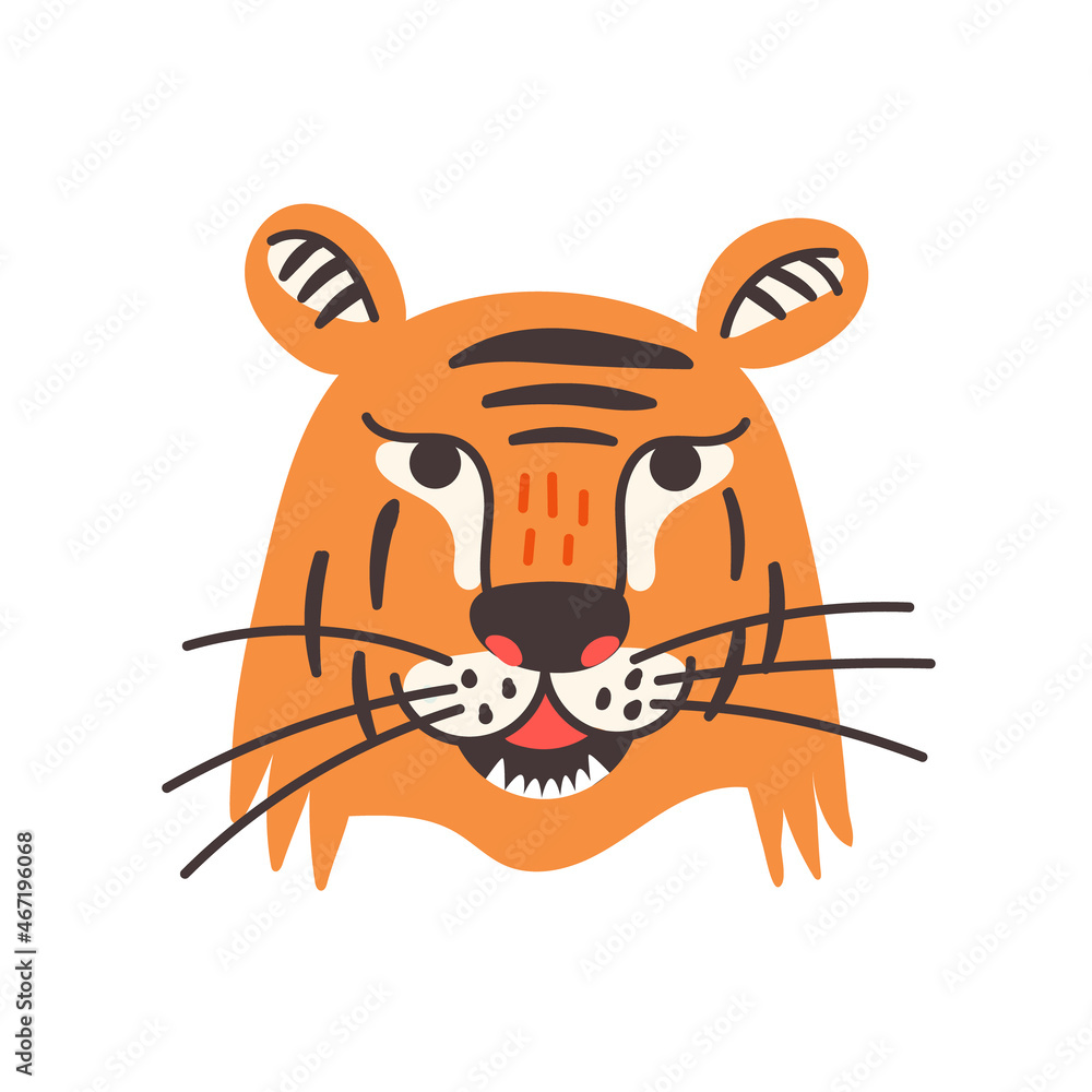 Orange and black tiger head with a grin. Wild Cat predator vector modern flat style illustration Orange and black tiger head with a grin. Wild Cat predator vector modern flat style illustration