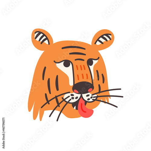 Orange and black tiger head with tongue. Wild Cat predator vector modern flat style illustration